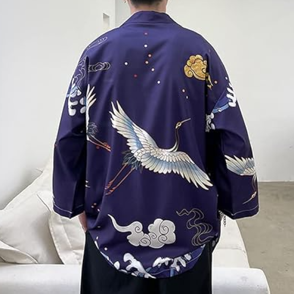 Japanese-themed Crane Cloudy Waves Unisex Purple/White Kimono-Enchanted peach