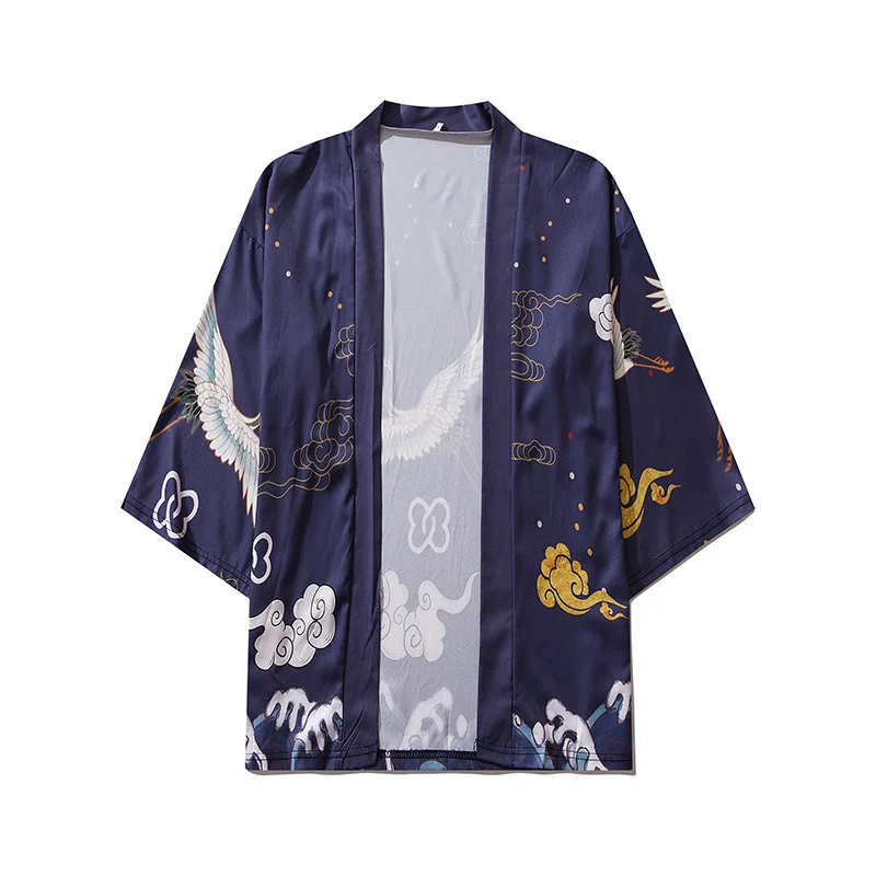 Japanese-themed Crane Cloudy Waves Unisex Purple/White Kimono-Enchanted peach