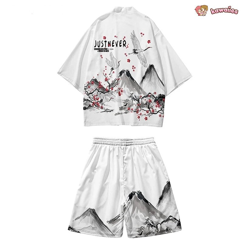 Japanese-themed Crane Mountains Two-Piece Kimono Top & Shorts Sets-Enchanted peach