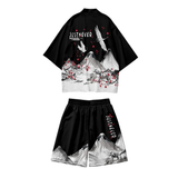 Japanese-themed Crane Mountains Two-Piece Kimono Top & Shorts Sets-Enchanted peach