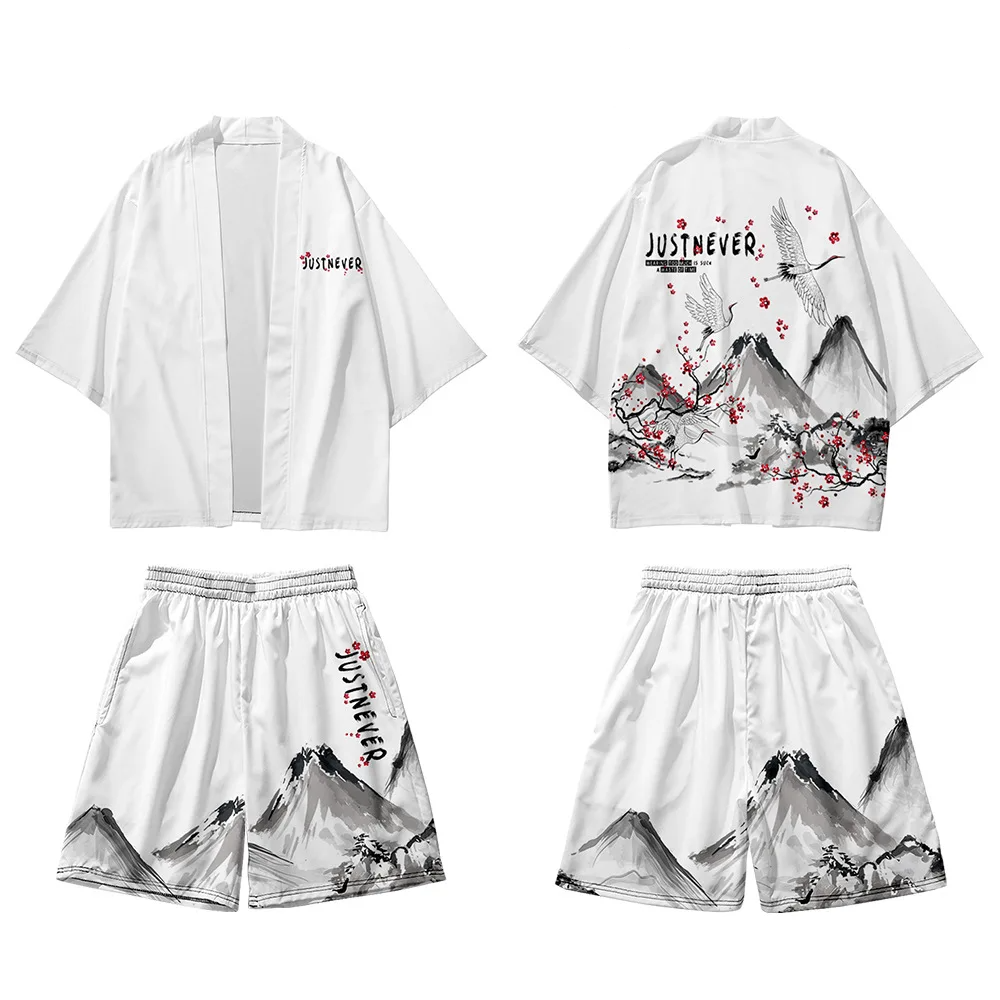 Japanese-themed Crane Mountains Two-Piece Kimono Top & Shorts Sets-Enchanted peach