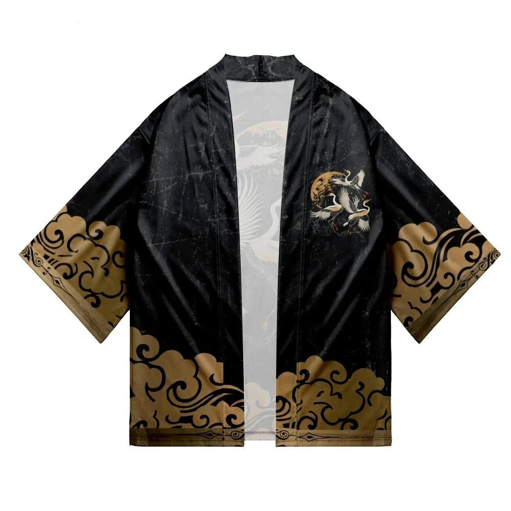 Japanese-themed Crane Print Black Gold Unisex Kimono-Enchanted peach