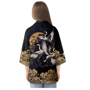 Japanese-themed Crane Print Black Gold Unisex Kimono-Enchanted peach