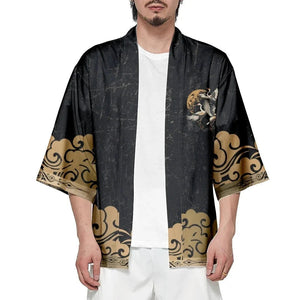 Japanese-themed Crane Print Black Gold Unisex Kimono-Enchanted peach