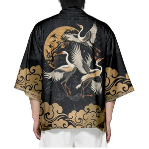 Japanese-themed Crane Print Black Gold Unisex Kimono-Enchanted peach