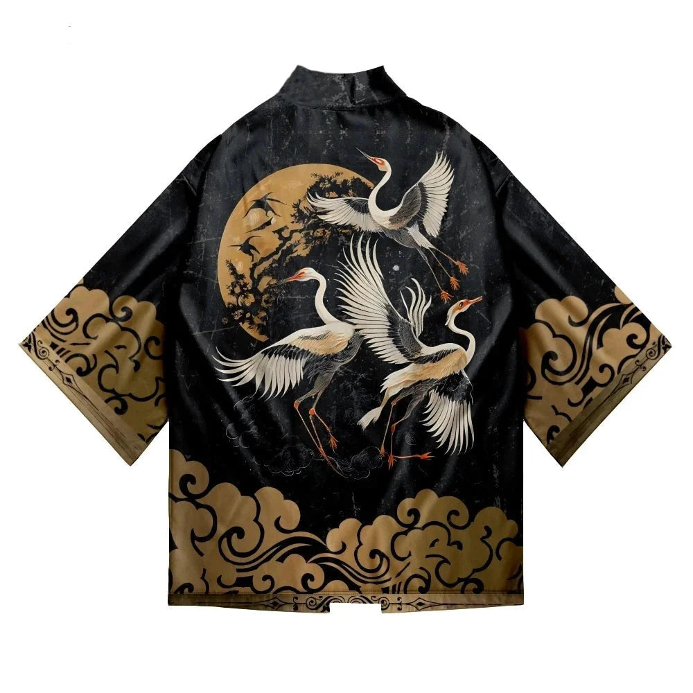 Japanese-themed Crane Print Black Gold Unisex Kimono-Enchanted peach