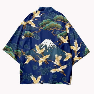 Japanese-themed Cranes Mt Fuji Navy Sun Black Unisex Kimonos-Enchanted peach