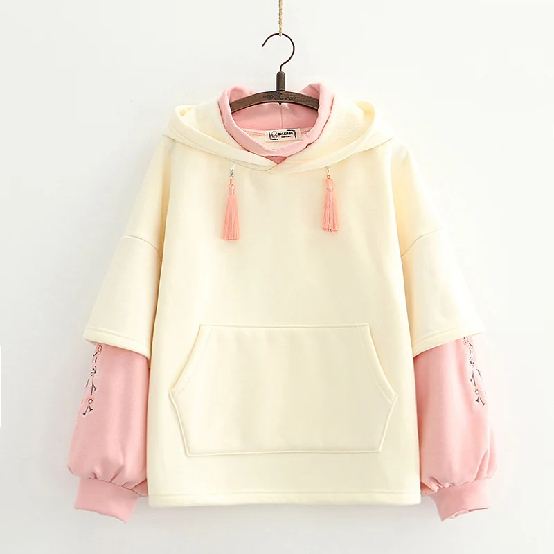 Japanese-themed Cream Pink Sakura Two-Tone Hoodie-Enchanted peach