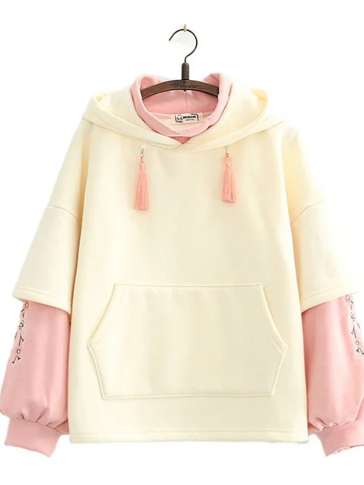 Japanese-themed Cream Pink Sakura Two-Tone Hoodie-Enchanted peach