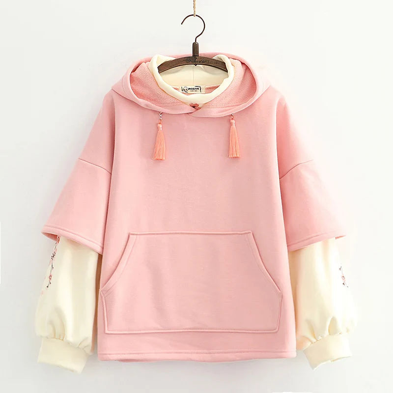 Japanese-themed Cream Pink Sakura Two-Tone Hoodie-Enchanted peach