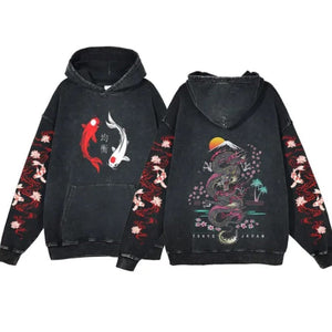 Japanese-themed Dragon Unisex Vintage Hoodies-Enchanted peach