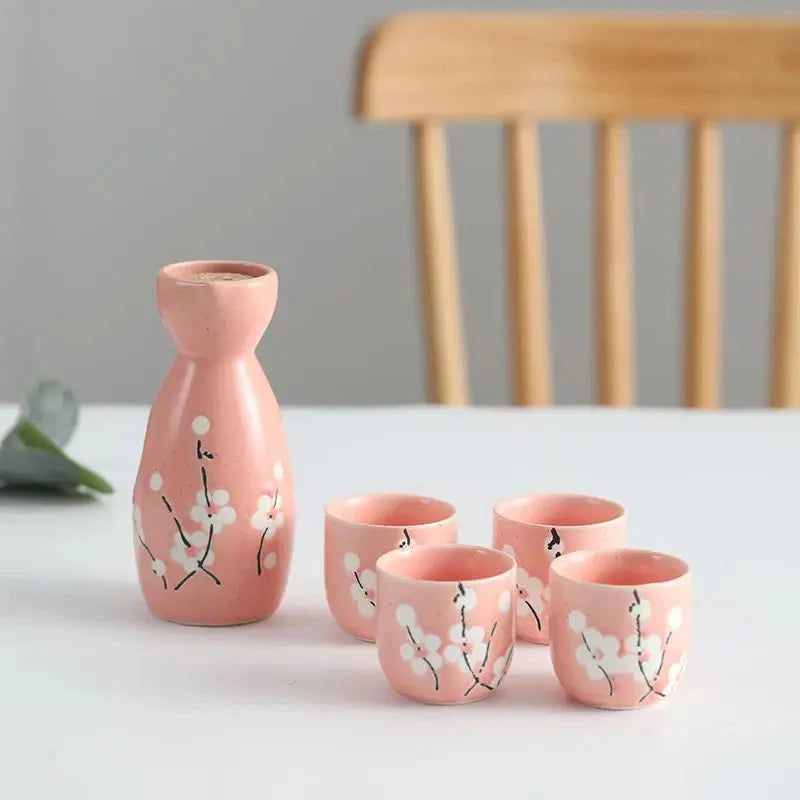 Japanese-themed Elegant Plum Blossom Sake Set 5-Piece Ceramics Sake Cup Collection 2-Enchanted peach