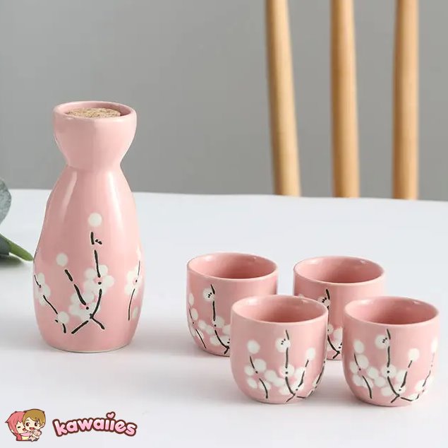 Japanese-themed Elegant Plum Blossom Sake Set 5-Piece Ceramics Sake Cup-Enchanted peach