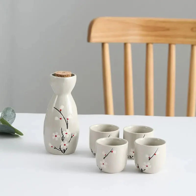 Japanese-themed Elegant Plum Blossom Sake Set 5-Piece Ceramics Sake Cup-Enchanted peach