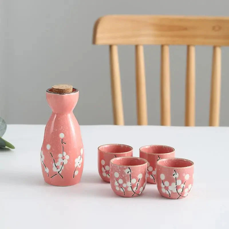 Japanese-themed Elegant Plum Blossom Sake Set 5-Piece Ceramics Sake Cup-Enchanted peach