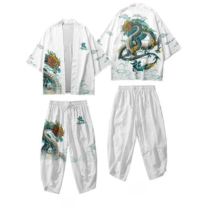 Japanese-themed Emerald Dragon Two-Piece Kimono Yukata Top & Pants Sets-Enchanted peach