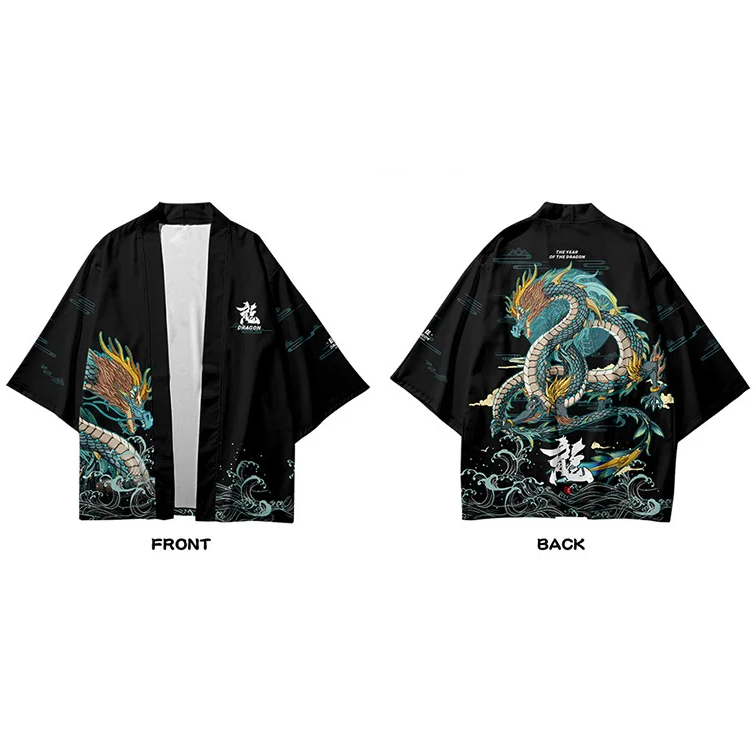 Japanese-themed Emerald Dragon Two-Piece Kimono Yukata Top & Pants Sets-Enchanted peach