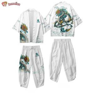 Japanese-themed Emerald Dragon Two-Piece Kimono Yukata Top & Pants Sets-Enchanted peach