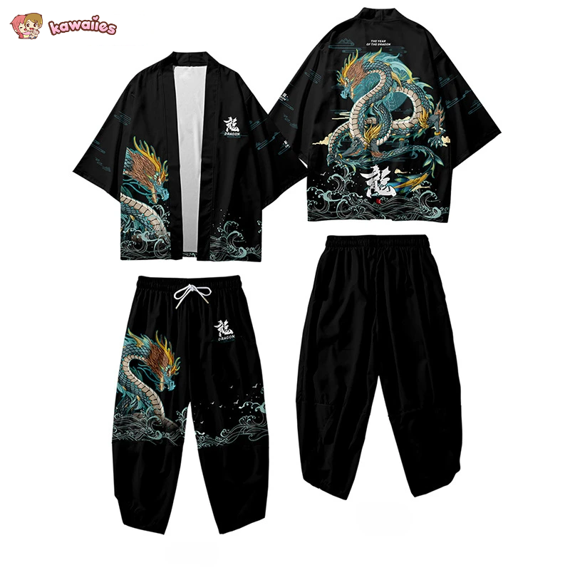 Japanese-themed Emerald Dragon Two-Piece Kimono Yukata Top & Pants Sets-Enchanted peach