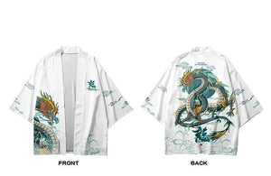 Japanese-themed Emerald Dragon Two-Piece Kimono Yukata Top & Pants Sets-Enchanted peach