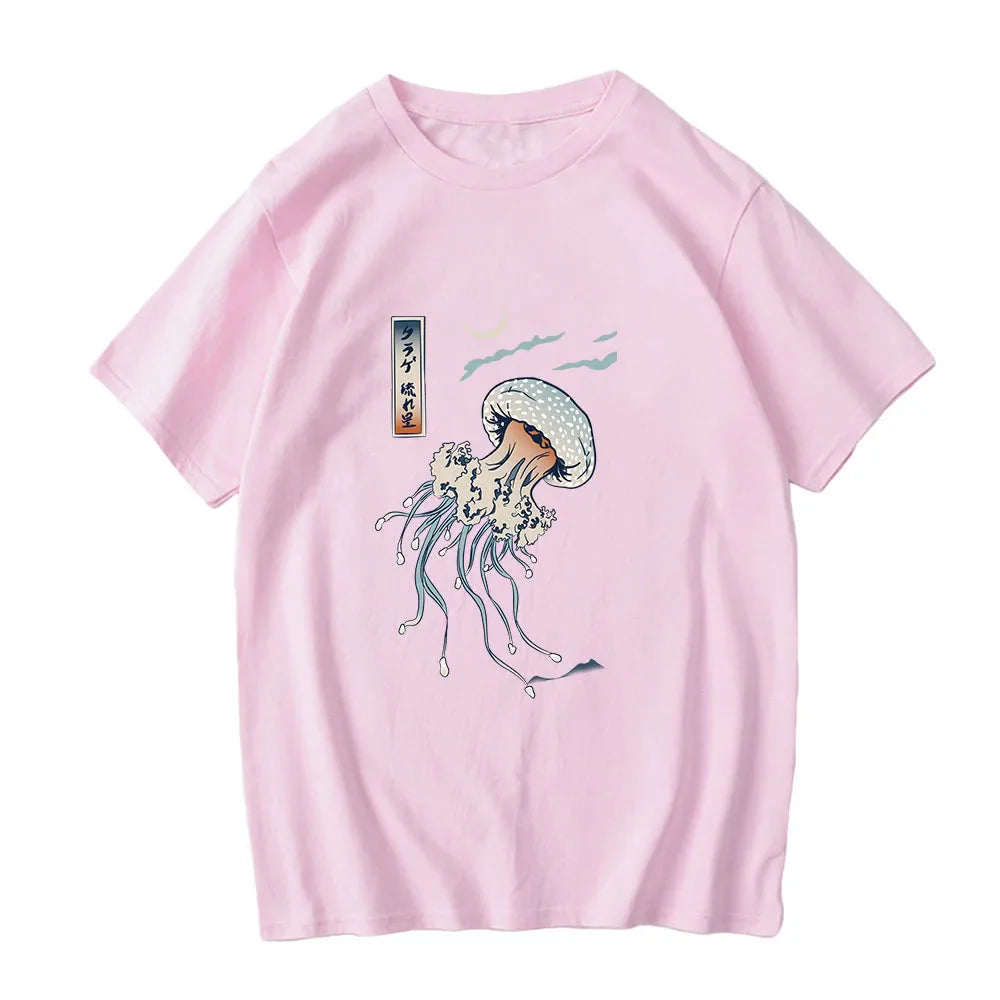 Japanese-themed Floating Jellyfish Unisex Tee-Enchanted peach