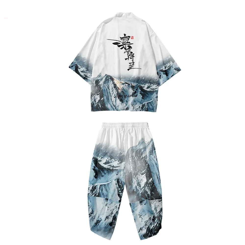 Japanese-themed Glaciar Mountains Two-Piece Kimono Yukata Top & Pants-Enchanted peach