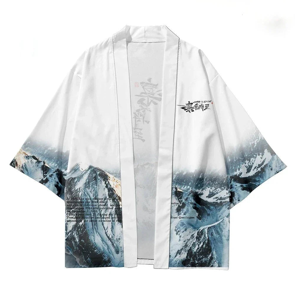 Japanese-themed Glaciar Mountains Two-Piece Kimono Yukata Top & Pants-Enchanted peach