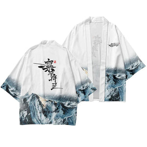 Japanese-themed Glaciar Mountains Two-Piece Kimono Yukata Top & Pants-Enchanted peach