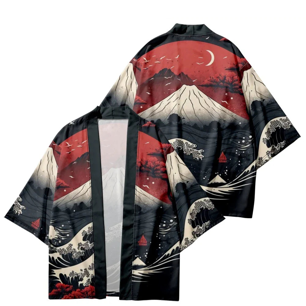 Japanese-themed Great Wave off Kanagawa Red Purple Unisex Kimono-Enchanted peach