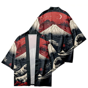 Japanese-themed Great Wave off Kanagawa Red Purple Unisex Kimono-Enchanted peach