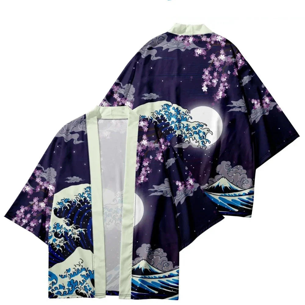 Japanese-themed Great Wave off Kanagawa Red Purple Unisex Kimono-Enchanted peach