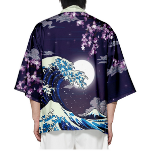 Japanese-themed Great Wave off Kanagawa Red Purple Unisex Kimono-Enchanted peach