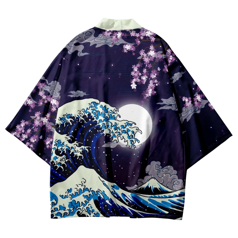 Japanese-themed Great Wave off Kanagawa Red Purple Unisex Kimono-Enchanted peach