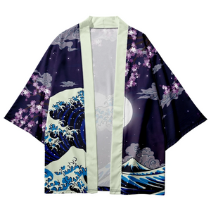 Japanese-themed Great Wave off Kanagawa Red Purple Unisex Kimono-Enchanted peach