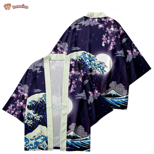 Japanese-themed Great Wave off Kanagawa Red Purple Unisex Kimono-Enchanted peach