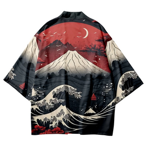 Japanese-themed Great Wave off Kanagawa Red Purple Unisex Kimono-Enchanted peach