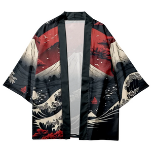 Japanese-themed Great Wave off Kanagawa Red Purple Unisex Kimono-Enchanted peach