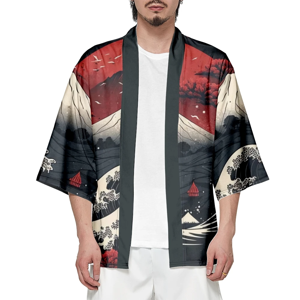 Japanese-themed Great Wave off Kanagawa Red Purple Unisex Kimono-Enchanted peach