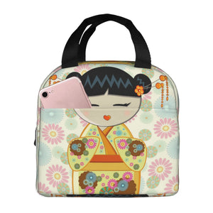 Japanese-themed Keiko Kokeshi Doll Insulated Lunch Bag Collection-Enchanted peach