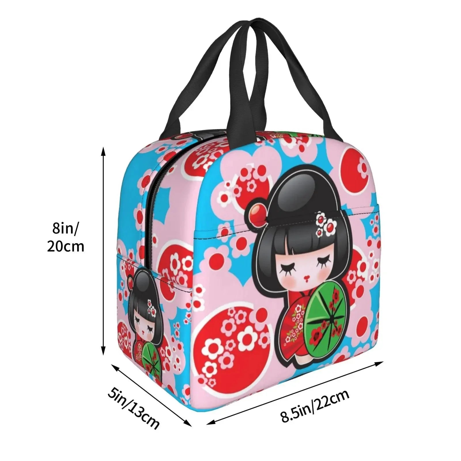 Japanese-themed Keiko Kokeshi Doll Insulated Lunch Bag Collection-Enchanted peach