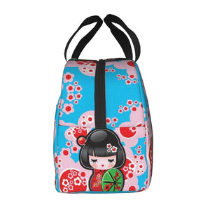 Japanese-themed Keiko Kokeshi Doll Insulated Lunch Bag Collection-Enchanted peach