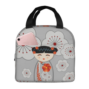 Japanese-themed Keiko Kokeshi Doll Insulated Lunch Bag Collection-Enchanted peach