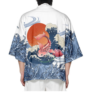 Japanese-themed Koi Fish Sun Wave Unisex Kimono-Enchanted peach