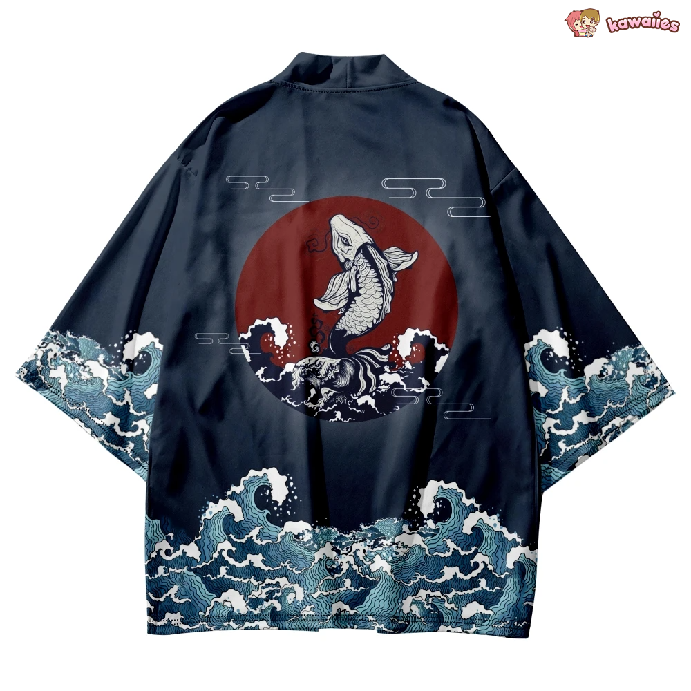 Japanese-themed Koi Great wave off Kanagawa Unisex Navy Kimono-Enchanted peach