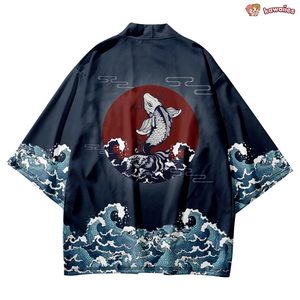 Japanese-themed Koi Great wave off Kanagawa Unisex Navy Kimono-Enchanted peach