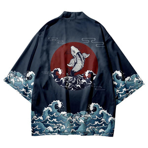 Japanese-themed Koi Great wave off Kanagawa Unisex Navy Kimono-Enchanted peach