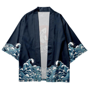 Japanese-themed Koi Great wave off Kanagawa Unisex Navy Kimono-Enchanted peach