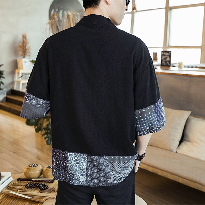 Japanese-themed Navy Pattern Black White Men's Haori Yukata Kimono Jacket-Enchanted peach