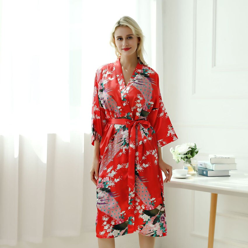 Japanese-themed Peacock Floral Women's Yukata Kimono Robe Cardigan with Belt-Enchanted peach