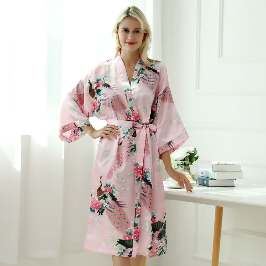 Japanese-themed Peacock Floral Women's Yukata Kimono Robe Cardigan with Belt-Enchanted peach